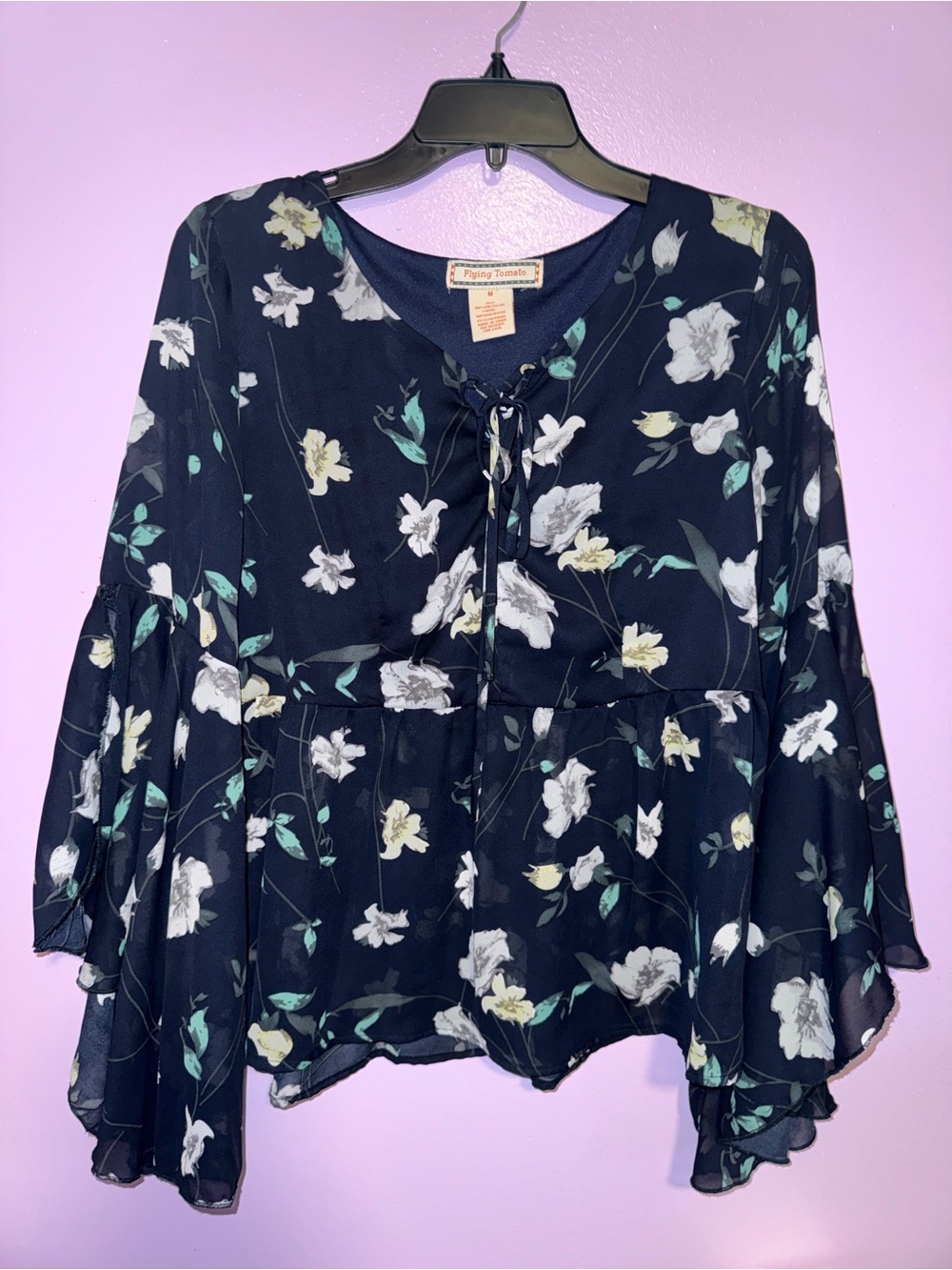 Flying Tomato Navy Floral Tie-Front Peasant Top